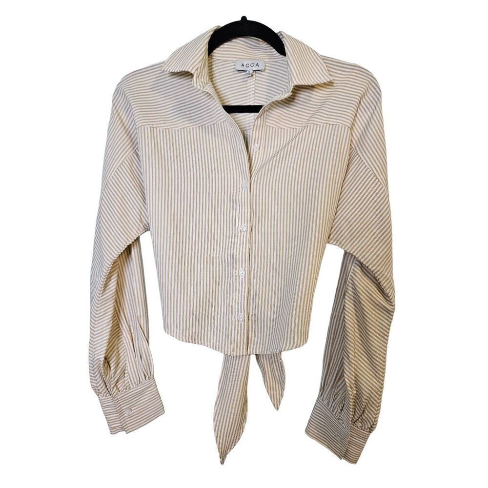 ACOA white and tan striped long sleeved button down crop top with tie waist. Siz